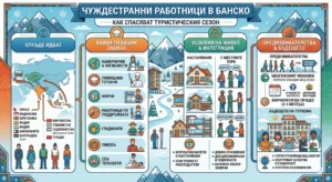 Инфографика за чуждестранните работници в Банско, озаглавена "Как спасяват туристическия сезон". Картината е разделена на четири секции: Откъде идват (карта с държави като Непал, Индонезия, Индия, Филипини, Турция и др.), Какви позиции заемат (камериерки, готвачи, поддръжка, спа терапевти), Условия на живот и интеграция (настаняване, взаимодействие с местните хора, езиково обучение) и Предизвикателства и бъдещето (Шенгенски феномен, бюрокрация, ползи като стабилност и културно разнообразие).