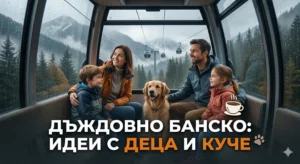 A photo of a family and a dog in a gondola lift in Bansko in fog and rain. In the middle there is a large text in Bulgarian: "RAINY BANSKO: IDEAS WITH KIDS AND A DOG". Coffee and paw icons included.