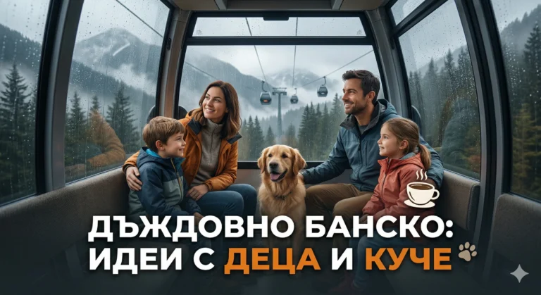 A photo of a family and a dog in a gondola lift in Bansko in fog and rain. In the middle there is a large text in Bulgarian: "RAINY BANSKO: IDEAS WITH KIDS AND A DOG". Coffee and paw icons included.