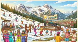 A colorful illustration of a crowded outdoor party to celebrate the end of the ski season in Bansko. In the center is a stage with a DJ and banners reading "CLOSING THE SKI SEASON" and "BANSKO - END OF THE SEASON". People in retro neon ski gear are dancing and having fun, on the left is a "BBQ AND BEER" stall, and in the background is the Pirin Mountain, the town, and ski lifts.
