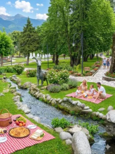 A happy family with two children on a picnic in a beautifully maintained mountain park in summer. Traditional Bulgarian banitsa, white cheese, grapes and wine are served on a plaid blanket next to a small rocky stream. In the background are majestic mountain peaks, a bronze statue of a goat, blooming flowers and a pedestrian promenade with people.