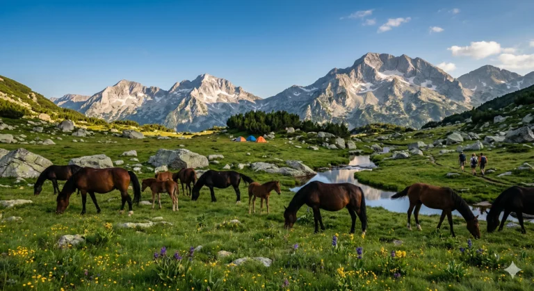 A herd of horses grazing in a lush mountain valley with a winding river, colorful tents and majestic snow-capped peaks under a blue sky