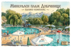 Watercolor illustration of Dobrinishte Mineral Beach, including two mineral pools, a SPA complex and a view of the mountain. Visible text: "MINERAL BEACH DOBRINISHTE" and "BALNEO COMPLEX". Logo: "alpha spa & pool".