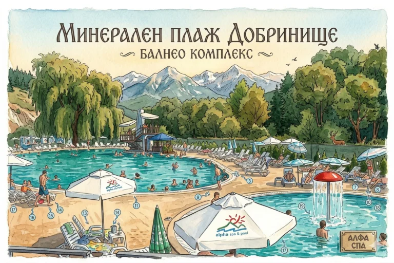 Watercolor illustration of Dobrinishte Mineral Beach, including two mineral pools, a SPA complex and a view of the mountain. Visible text: "MINERAL BEACH DOBRINISHTE" and "BALNEO COMPLEX". Logo: "alpha spa & pool".