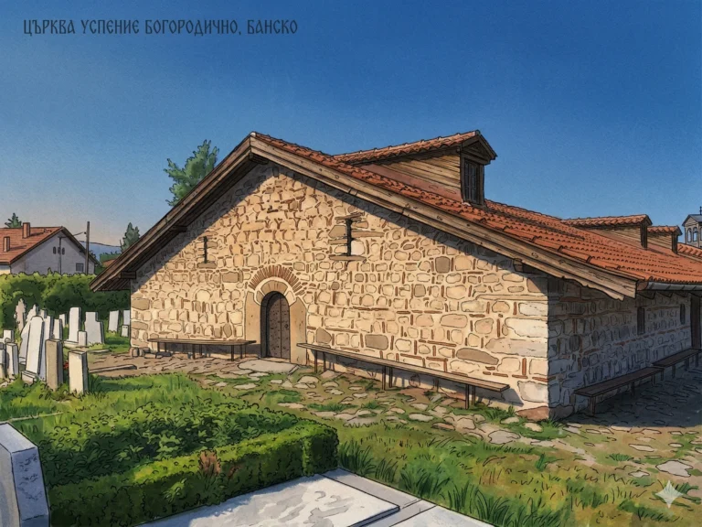 A detailed color illustration in retro style of the stone church "Assumption of the Virgin Mary" in Bansko. The building is made of rough stone with a multi-layered red tiled roof. In front of it there are wooden benches under a canopy, and to the left is an old cemetery with white tombstones among green vegetation. In the upper left corner there is an inscription in Bulgarian.