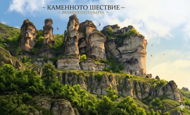 Illustration of the Stone Procession (Petrified Wedding) near Bansko and Dobrinishte, showing a rock phenomenon in the shape of wedding guests on a mountainside
