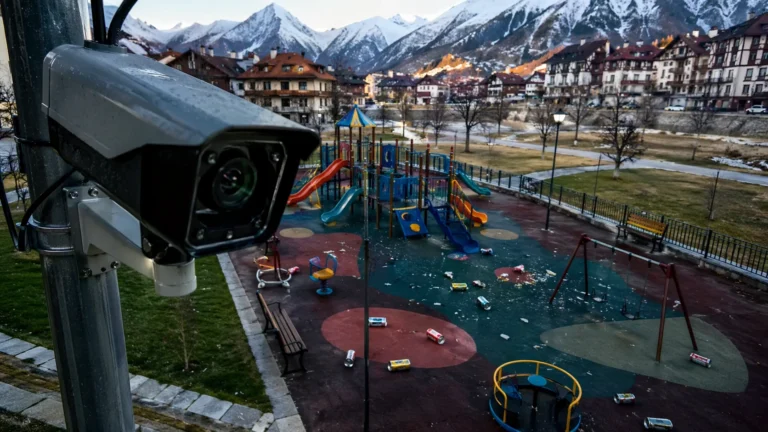 A CCTV camera monitors an empty playground with littered trash in Bansko and the snow-capped peaks of Pirin in the background
