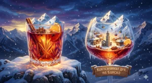 Креативна илюстрация на две чаши за греяно вино на заснежен връх с миниатюрна сцена на ски курорта Банско, планински лифтове и дървен знак.