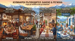 An illustrated culinary guide to Bansko and the region with four panels describing different types of establishments: an authentic tavern with a family in front of a fireplace, a bohemian pub with music and a grill, a modern ethno restaurant with a DJ and a couple at dinner, and an open-air Mediterranean tavern with seafood. The snow-capped Pirin Mountains are in the background.