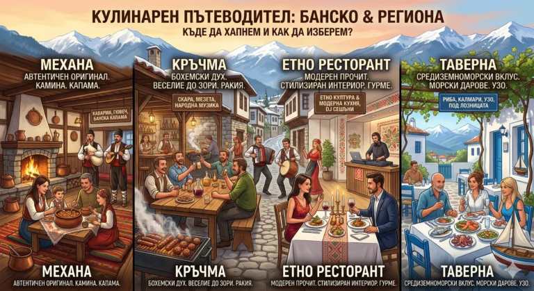 An illustrated culinary guide to Bansko and the region with four panels describing different types of establishments: an authentic tavern with a family in front of a fireplace, a bohemian pub with music and a grill, a modern ethno restaurant with a DJ and a couple at dinner, and an open-air Mediterranean tavern with seafood. The snow-capped Pirin Mountains are in the background.