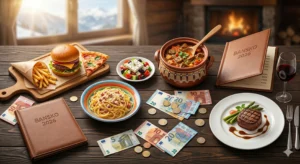 Рустикална дървена маса, отрупана с разнообразна храна (бургер, паста, гръцка салата, традиционно задушено в глинен съд и стек). На масата има два менюта с надпис "BANSKO 2026", евро банкноти и монети. Заден план с гледка към снежни планини през прозорец и горяща камина.