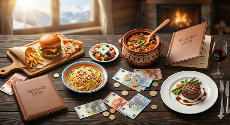 Рустикална дървена маса, отрупана с разнообразна храна (бургер, паста, гръцка салата, традиционно задушено в глинен съд и стек). На масата има два менюта с надпис "BANSKO 2026", евро банкноти и монети. Заден план с гледка към снежни планини през прозорец и горяща камина.