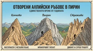 A retro illustrated poster featuring three alpine ridges in the Pirin Mountains: Koncheto, Vihren and Strazhite. The image shows tourists traversing the narrow rocky paths and includes text in Bulgarian describing the specifics of each route, with the title "Open Alpine Ridges in Pirin".
