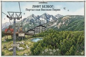 Vintage illustration in retro poster style of the area around Bezbog hut in Pirin. A chairlift with a sign "DOBRINISHTE" is visible, a small lake in front of the multi-storey hut and majestic rocky peaks in the background. In the foreground there are dense juniper bushes, birds and blooming edelweiss. The text at the top reads: "BEZBOG LIFT: Gateway to the High Pirin", and signs indicate the times for the hike to Popovo Lake, Bezbog Peak and Tevno Lake.