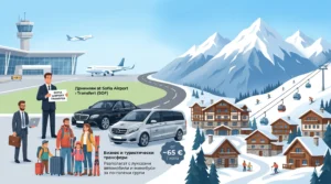 Векторна илюстрация, показваща трансферна услуга от летище София до Банско. Вляво има пътници и шофьор с табела пред терминала, до луксозен черен седан и сребрист миниван. Вдясно има живописен ски курорт с планински върхове, кабинкови лифтове и дървени хижи. Изображението включва ценова табела „от ~65 € / кола“ и български текст за бизнес и туристически трансфери.