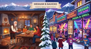 A two-part comparative illustration of tavern experiences in Bansko. The left half shows a cozy, authentic family dinner by the fireplace with an elderly man in traditional costume serving a stew. The right half shows the bustling tourist street "Pirin" on a snowy night with neon signs for live music, dancing crowds and promoters.