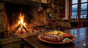 Traditional Bansko sausage, grilled over charcoal, served in a clay plate in a cozy tavern.