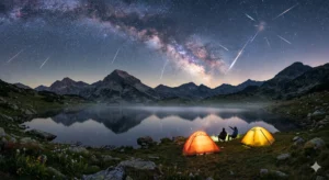 Two glowing tents and tourists by an alpine lake in the Pirin Mountains, watching the Milky Way and shooting stars from the Perseid meteor shower in August.
