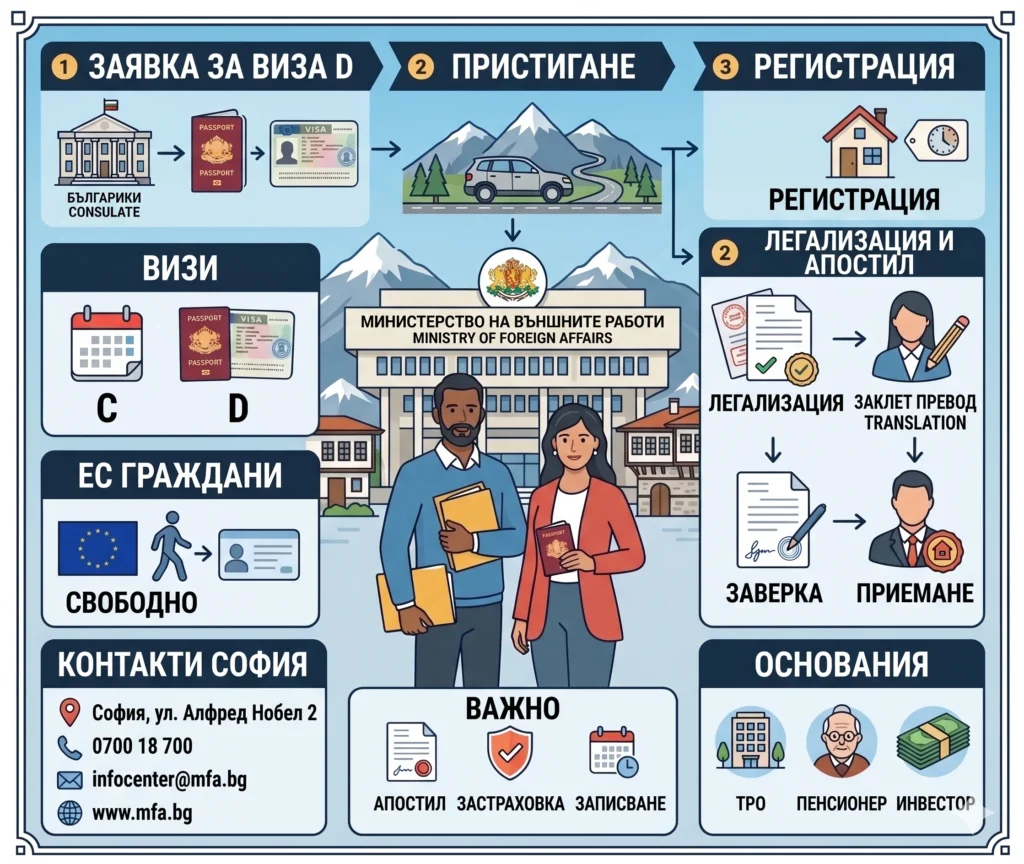 Изчерпателна инфографика на български език, илюстрираща стъпките за получаване на виза D, пристигане и регистрация в България за чужденци. В центъра са мъж и жена пред сградата на Министерството на външните работи. Включва раздели за видове визи, права на ЕС граждани, контакти, легализация, основания за пребиваване и важни изисквания.