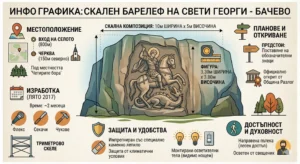 Подробна илюстрована инфографика в ретро стил за скалния барелеф на Свети Георги в село Бачево. Централно място заема мащабна илюстрация на барелефа (Св. Георги Победоносец на кон, убиващ змея), издълбан в голяма скала, с посочени точни размери: Скална композиция (10м ширина х 5м височина) и Фигура (3.30м ширина х 3.80м височина). Около централната картина са подредени шест информационни панела с икони и текст: Местоположение: Карта на Бачево, указваща разстоянието от входа на селото (800м) и черквата (150м северно), под местността 'Четирите бора'. Изработка (Лято 2017): Време (~2 месеца), използвани инструменти (Флекс, Секачи, Чукове) и триметрово скеле. Защита и Удобства: Информация за импрегниране със специално каменно лепило за защита от климатични условия и монтирани осветителни тела, видими нощем. Планове и Откриване: Указание за предстоящо поставяне на обозначителни знаци и официално откриване от Община Разлог. Достъпност и Духовност: Икони за направена пътека за лесен достъп и осветяване на обекта от свещеник. Инфографиката е рамкирана с декоративни елементи и има заглавие "ИНФОГРАФИКА: СКАЛЕН БАРЕЛЕФ НА СВЕТИ ГЕОРГИ - БАЧЕВО" в горната част.