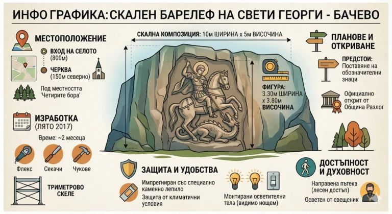 Подробна илюстрована инфографика в ретро стил за скалния барелеф на Свети Георги в село Бачево. Централно място заема мащабна илюстрация на барелефа (Св. Георги Победоносец на кон, убиващ змея), издълбан в голяма скала, с посочени точни размери: Скална композиция (10м ширина х 5м височина) и Фигура (3.30м ширина х 3.80м височина). Около централната картина са подредени шест информационни панела с икони и текст: Местоположение: Карта на Бачево, указваща разстоянието от входа на селото (800м) и черквата (150м северно), под местността 'Четирите бора'. Изработка (Лято 2017): Време (~2 месеца), използвани инструменти (Флекс, Секачи, Чукове) и триметрово скеле. Защита и Удобства: Информация за импрегниране със специално каменно лепило за защита от климатични условия и монтирани осветителни тела, видими нощем. Планове и Откриване: Указание за предстоящо поставяне на обозначителни знаци и официално откриване от Община Разлог. Достъпност и Духовност: Икони за направена пътека за лесен достъп и осветяване на обекта от свещеник. Инфографиката е рамкирана с декоративни елементи и има заглавие "ИНФОГРАФИКА: СКАЛЕН БАРЕЛЕФ НА СВЕТИ ГЕОРГИ - БАЧЕВО" в горната част.