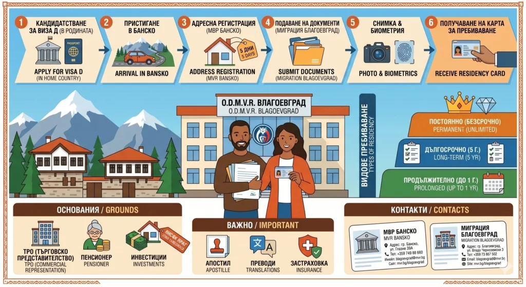 Инфографика на български и английски език, описваща стъпка по стъпка процеса на придобиване на българска лична карта за чужденци, с участие на ОДМВР Благоевград, МВР Банско и Дирекция Миграция. Визуализира шестте стъпки за кандидатстване, видове пребиваване, законни основания, важни изисквания и контакти.