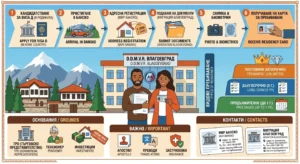 Инфографика на български и английски език, описваща стъпка по стъпка процеса на придобиване на българска лична карта за чужденци, с участие на ОДМВР Благоевград, МВР Банско и Дирекция Миграция. Визуализира шестте стъпки за кандидатстване, видове пребиваване, законни основания, важни изисквания и контакти.
