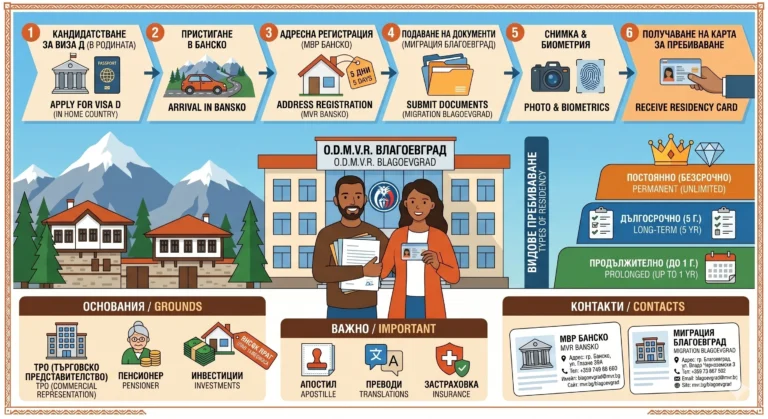 Инфографика на български и английски език, описваща стъпка по стъпка процеса на придобиване на българска лична карта за чужденци, с участие на ОДМВР Благоевград, МВР Банско и Дирекция Миграция. Визуализира шестте стъпки за кандидатстване, видове пребиваване, законни основания, важни изисквания и контакти.