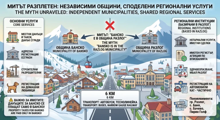Инфографика на флат дизайн, описваща разликата между Община Банско и Община Разлог, с текст на български и английски език. Изобразява двете независими общини под Пирин планина, техните основни услуги, регионални институции, базирани в Разлог, и начините за транспорт помежду им, като опровергава мита, че Банско е в община Разлог.