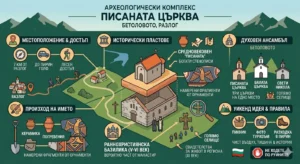 Илюстративна инфографика на археологическия комплекс "Писаната църква" в местността Бетоловото, Разлог. Включва секции за местоположение (близо до Разлог и Пирин Голф), исторически пластове (базилика и средновековен храм), духовния ансамбъл с три църкви, археологически находки като керамика и бронзов кръст, произход на името от фрески и геометрични орнаменти, както и идеи за уикенд туризъм в Пирин с правилото "Не ходете по руините".