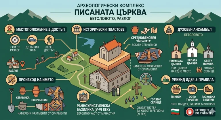 Илюстративна инфографика на археологическия комплекс "Писаната църква" в местността Бетоловото, Разлог. Включва секции за местоположение (близо до Разлог и Пирин Голф), исторически пластове (базилика и средновековен храм), духовния ансамбъл с три църкви, археологически находки като керамика и бронзов кръст, произход на името от фрески и геометрични орнаменти, както и идеи за уикенд туризъм в Пирин с правилото "Не ходете по руините".