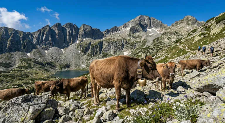 A high mountain landscape in Pirin with grazing brown cows. A cow in close-up carries a large jug around its neck. In the background are jagged granite peaks, patches of snow, a blue alpine lake (like Muratovo Lake) and a group of hikers on a trail.