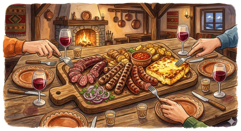 A large wooden platter with mountain grill - sujuk, kebab, sausage and yellow cheese, served in a tavern in Bansko.
