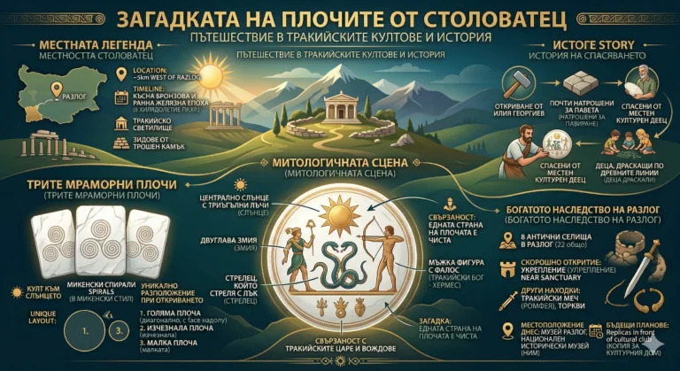 Цялостна инфографика в иконографски стил за Загадката на Плочите от Столоватец в Разлог, описваща тракийското светилище, култа към Слънцето, трите мраморни плочи и митологичната сцена с двуглава змия и тракийски бог, закрилник на вождовете.