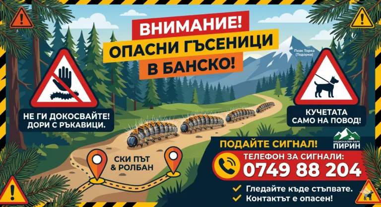 Илюстрация на предупредителен плакат за борова процесионка в Банско. Показва колона от космисти гъсеници, пълзящи по горска пътека с Пирин планина и връх Тодорка на заден план. Голямото заглавие на български гласи: "ВНИМАНИЕ! ОПАСНИ ГЪСЕНИЦИ В БАНСКО!". Има триъгълни знаци, забраняващи докосването им с ръка (дори с ръкавици) и изискващи кучетата да са на повод. Карта вдясно показва локации "СКИ ПЪТ & РОЛБАН". Посочен е телефон 0749 88 204 за сигнали към Национален парк Пирин.