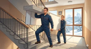 Movers in work clothes carry drywall sheets up the stairs of an apartment building overlooking a mountain.