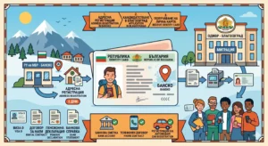 Инфографика на флат дизайн, описваща процеса на получаване на българска лична карта за чужденци, с участието на МВР - Банско за адресна регистрация и ОДМВР - Благоевград за кандидатстване.