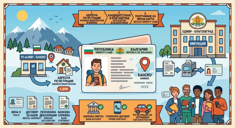 Инфографика на флат дизайн, описваща процеса на получаване на българска лична карта за чужденци, с участието на МВР - Банско за адресна регистрация и ОДМВР - Благоевград за кандидатстване.