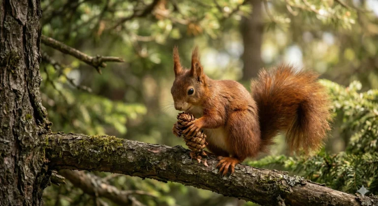 Близък кадър на червена катерица с пухкава опашка, кацнала на мъхест клон в гората и гризяща шишарка.