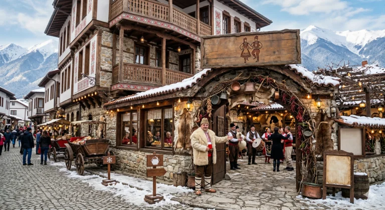 A traditional tourist tavern in Bansko in winter with a greeter in folk costume and musicians on the cobblestone street.
