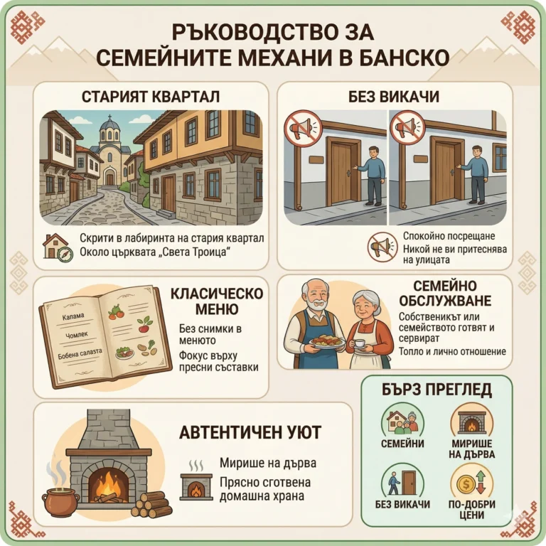 Infographic: How to recognize real family taverns in Bansko. Includes illustrations of the old quarter, a quiet street without shouters, a traditional menu without pictures, friendly owners, and a cozy fireplace with burning wood.