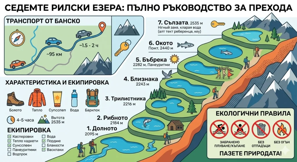 Инфографика за Седемте Рилски езера, визуализираща терасовидното разположение на езерата, логистиката и транспорта от Банско, необходимата туристическа екипировка и строгите екологични правила в Национален парк Рила.