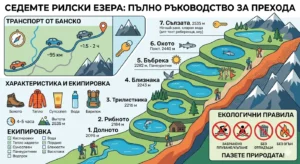 Инфографика за Седемте Рилски езера, визуализираща терасовидното разположение на езерата, логистиката и транспорта от Банско, необходимата туристическа екипировка и строгите екологични правила в Национален парк Рила.