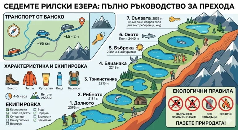 Инфографика за Седемте Рилски езера, визуализираща терасовидното разположение на езерата, логистиката и транспорта от Банско, необходимата туристическа екипировка и строгите екологични правила в Национален парк Рила.