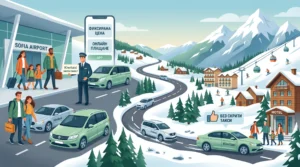 Илюстрация на транспортна услуга Kiwitaxi, свързваща летище София със ски курорт (Банско). Шофьор посреща семейство, смартфони показват "Фиксирана цена" и "Онлайн плащане", икона – "Без скрити такси".