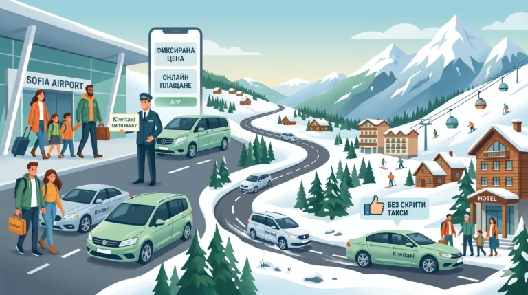 Илюстрация на транспортна услуга Kiwitaxi, свързваща летище София със ски курорт (Банско). Шофьор посреща семейство, смартфони показват "Фиксирана цена" и "Онлайн плащане", икона – "Без скрити такси".