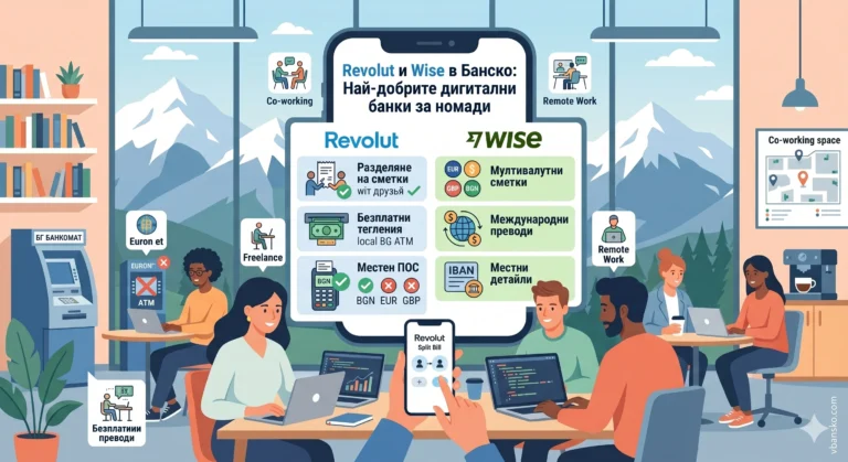 Илюстрация на коуъркинг пространство в Банско с дигитални номади и голям екран на смартфон, който показва предимствата на дигиталните банки Revolut и Wise за плащания и преводи.