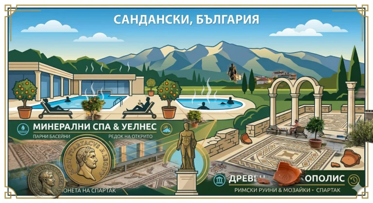 Илюстративна инфографика за град Сандански, България, разделена на две основни секции: лявата секция "Минерални Спа & Уелнес" показва стилизиран открит спа комплекс с басейни и почиващи хора, а дясната секция "Древен Партикополис" представя римски руини с колони и мозайка. Включени са детайли за монета и статуя на Спартак, на фона на планината Пирин.