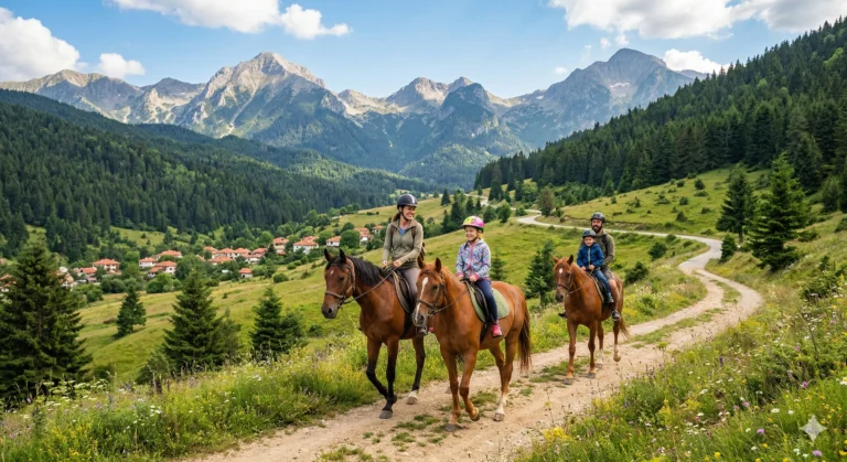 Семейна конна езда на открито по планинска пътека край село Бачево, с изглед към върховете на Пирин планина през лятото.