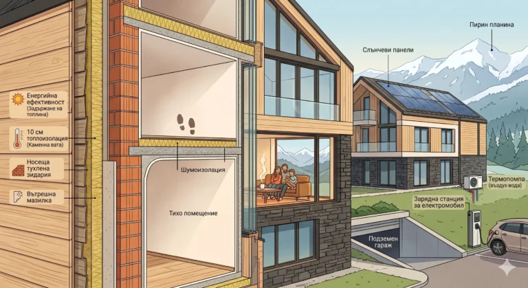 3D illustration in cross-section of a modern building in Bansko, demonstrating quality thermal insulation, sound insulation between floors, a heat pump and solar panels.